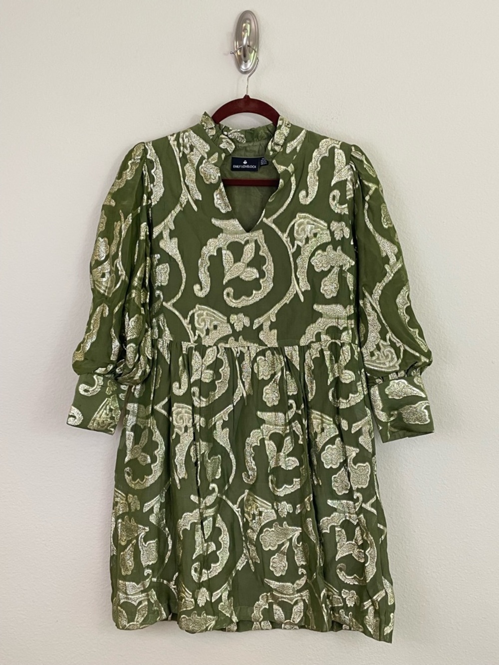 Emily Lovelock Kallisto Mini Dress Green and Gold Metallic Paisley Print Size XS
